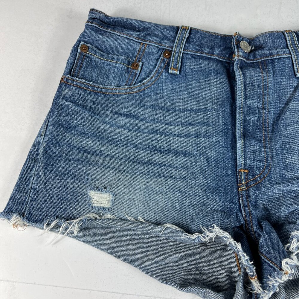 Levi's Jean Short Women 28 501 High Rise Blue Whisker Cut Off Cotton Denim Jorts - Picture 3 of 16